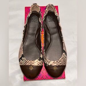 Tory Burch Women's Snakeskin Ballet Flats - Brown and Cream